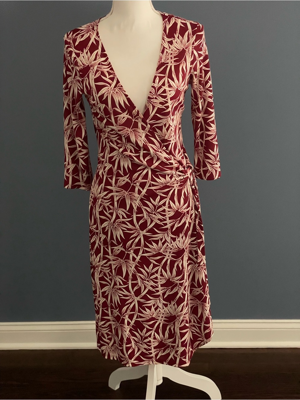 BCBG Wrap Dress with Cream Leaf Print